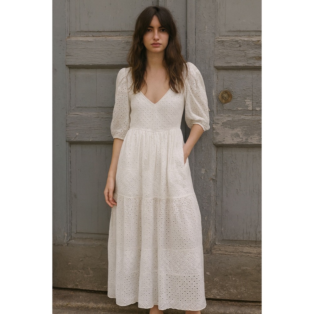 Mille Resort Maja Tiered Puff Sleeve Midi Dress Womens Small White Eyelet‎ Boho
